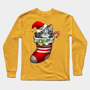 Vanilla the silver tabby cat in a stocking for Christmas Long Sleeve T-Shirt